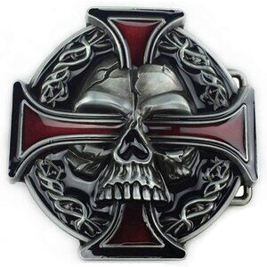 Men's Silver/red Western Skull And Celtic Cross Zinc Alloy Biker Belt Buckle